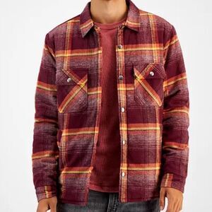 Sun & Stone Men's Plaid Flannel Shirt Shacket Burgundy Yellow Jacob Shirt Jacket